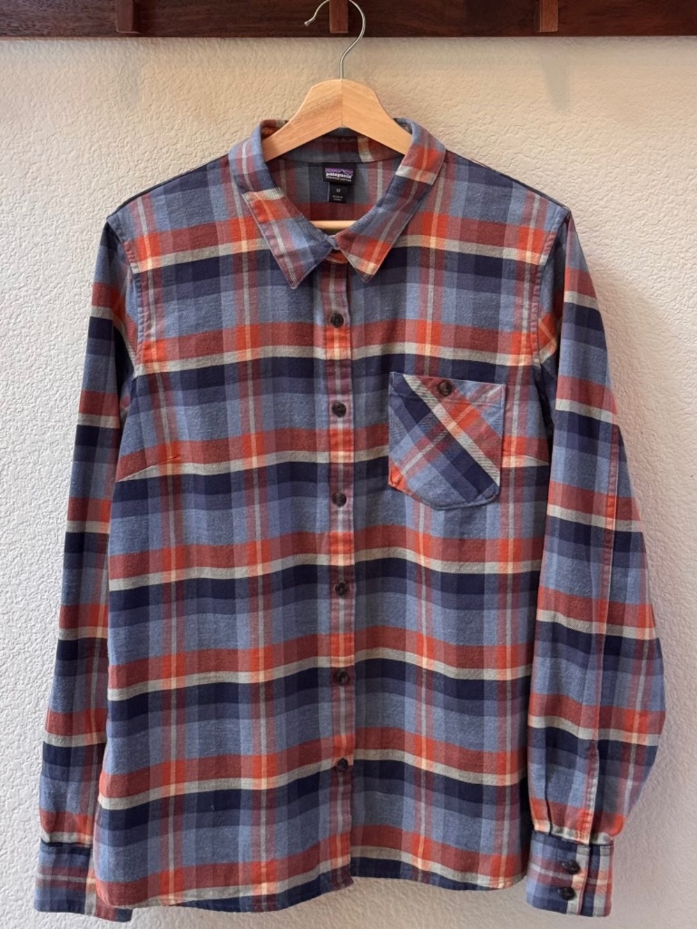 Patagonia Organic Cotton Flannel Shirt Blue Orange Plaid Button Up 12